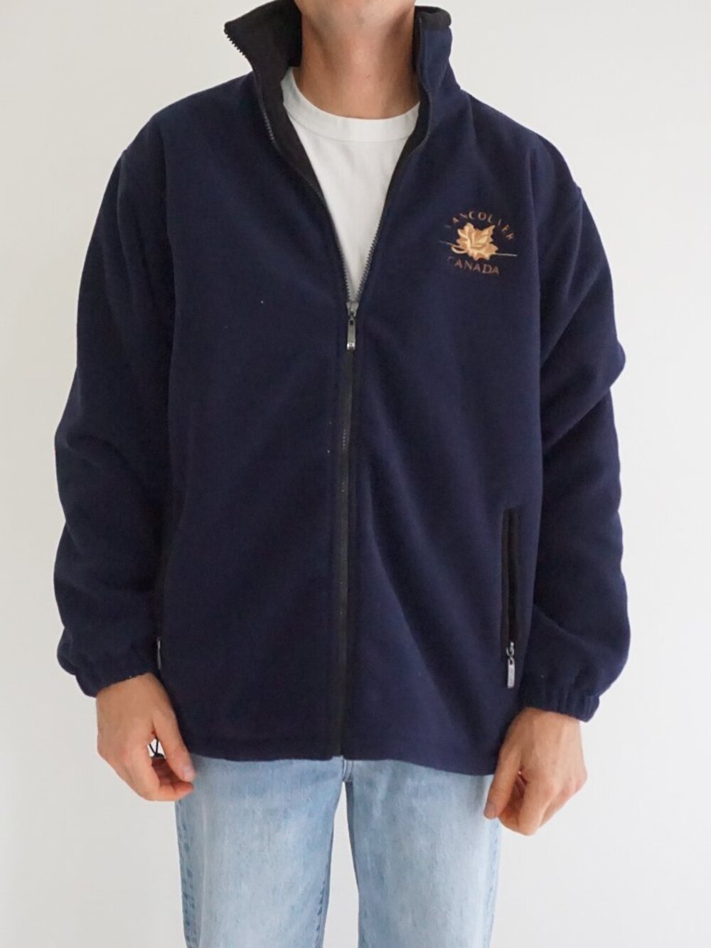 Vintage Atlas Navy Vancouver BC Canada Maple Leaf Zip Front Embroidered Jacket L